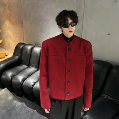 Threebooy Wine Red Blazers Men Suit Jackets Casual Stand Collar Solid Color Male Short Coats Korean Trendy Men's Clothing Autumn New