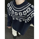 Threebooy Vintage Navy Blue Sweater Jacquard O-Neck Knit Pullover New Autumn Winter Loose Couple Knitted Sweater Tops Aesthetic Streetwear