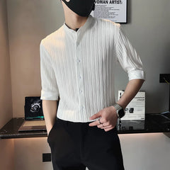 Threebooy Men's Business Stand Collar Half Sleeve Casual Shirts/Male Slim Fit High-Grade Stripe Shirts/ Club Wear Formal Clothing Top