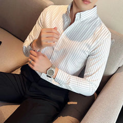 Threebooy Plus Size S-3XL Korean Long Sleeve Striped Shirts Men Clothing Simple Slim Fit Business Casual Office Blouse Homme Hot Sale