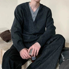 Threebooy Men's Color-blocking Patchwork V-neck Sweater Light Luxury Knitted Long Sleeve Pullover Autumn Korean Trendy Male Clothing M-2XL