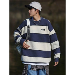 Threebooy Hip Hop Korean Stripe Contrast Color Autumn and Winter New Fashion Sweater Men's Loose Relaxed Student Round Neck Lazy Style