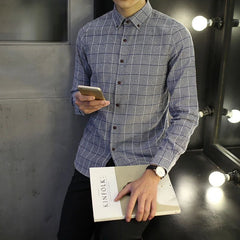 Threebooy Korean Men Spring Autumn Thicken Shirt Turn-down Collar Plaid Panelled Cotton Long Sleeve Slim Vintage Casual All-match Tops