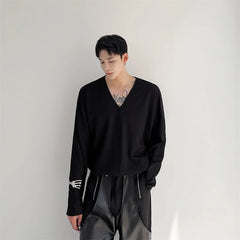 Threebooy Men Casual T-shirt Long sleeves V neck shirt Solid color Sweatshirt Male Jogging Tracksuit Homme Athletic Shirt Tops