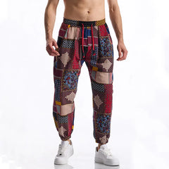 Threebooy Men's Boho Tribal Print Linen Pants Cotton Summer Casual Drawstring Outdoor Sport Trousers Running Jogger Tracksuit Pants