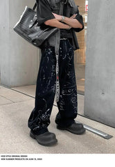 Threebooy Artificial Hand-painted Lettering Graffiti Black Denim Trousers Men Straight Pants