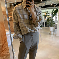 Threebooy Men Casual Plaid Shirts Single Breasted Long Sleeve Loose Blouse Male Korean Chic Streetwear Fashion All-match Outwear BF
