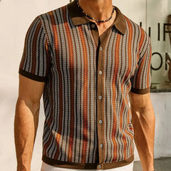 Threebooy Summer Clothing Men's Luxury Knitted Striped Printed Shirt Fashion Short Sleeve Button-down Shirts for Men Vintage Knitwear