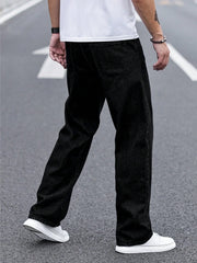 Threebooy Men's Durable Black Relaxed-Fit Jeans Mid-Waist Comfort Street Style Essential Urban Pants