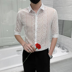 Threebooy New Mens Black White Lace Hollow Patchwork Shirt Long Sleeve Luxury Party Promshirt Men's Petticoat Nightclub Dress Tuxedo