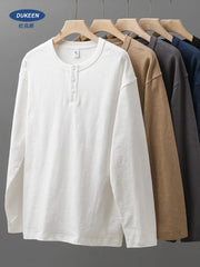 Threebooy 320G Heavyweight 100% Cotton Henley Neck T Shirt for Men Long-Sleeved Spring Autumn Casual Tops Solid Color Undershirts