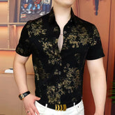 Threebooy Luxury Velvet Printed Short Sleeved Shirt for Men Retro Social Casual Shirt Trendy and Versatile Street Wear Men's Clothing