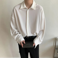 Threebooy Long sleeve shirt men Double Collar Ice Silk Shirt Men Vintage Wine Red Shirts Men Korean Comfortable Blouse Casual Loose Shirt
