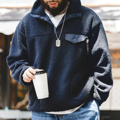 Threebooy Casual Half-breasted Fleece Hoodies Winter Navy Blue Warm Pullover Jacket Outdoor Oversize Workwear Thermal Outwear