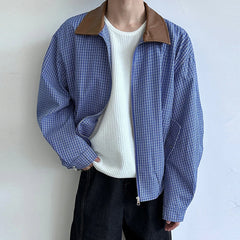 Threebooy Men's Leisure High Street Blue Plaid Jacket Streetwear Turn-down Collar Korean Harajuku Popular Clothes Long Sleeve Zipper Coats