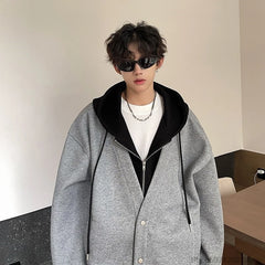 Threebooy Mens Fake Two Piece Zipper Hoodie Jackets Casual Loose Hooded Coat Male New Jackets Men Autumn Outwear Korean Trendy Clothing