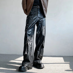 Threebooy new dark series pocket rivet design PU leather pants men's wide-leg pants leather pants lederhose pantalon cuir homme