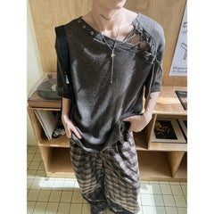 Threebooy Street Punk Shirt Off-shoulder Hollow T-shirt American 2025 New High-end Style Fashionable Casual Loose Short Sleeves