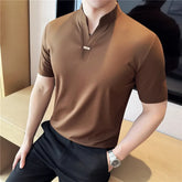 Threebooy Chinese Style Stand Up Collar Short Sleeved Polo Shirt Men Ice Silk Seamless V-neck Casual T-shirt Social Office Business Tee