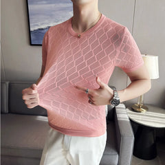 Threebooy Clothing Men Summer Casual Short Sleeve Ice Silk knit T-shirt/Male High Quality Fashion Round Neck Hollow Out T-shirt