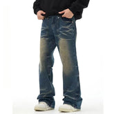 Threebooy Retro washed deep blue jeans with men's high street splicing and slightly flared wide leg pants