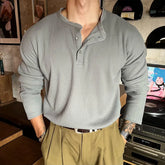 Threebooy Korean Henry Collar T-shirt Fashion Men Luxury Solid Color Long Sleeve Tops Leisure Light Business Fall Casual Basic Shirt M-3XL