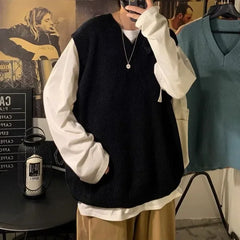 Threebooy Knit Sweater Male Sleeveless Men's Clothing Plain Solid Color Waistcoat Vest V Neck Blue Plus Size Street Korean Fashion Jumpers