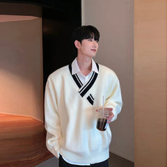 Threebooy Men's Clothing Korean Popular Knitted V Neck Long Sleeve Patchwork Pullover Sweaters Light Luxury Leisure Preppy Knitwear M-3XL