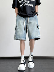 Threebooy Summer Denim Shorts Men Korean Fashion Wide Leg Straight Jean Short Male Multi-Pocket Loose Fit Denim Cargo Shorts