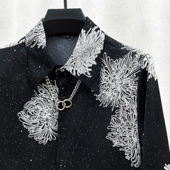 Threebooy Mens Shirt Small Sequin Starry Sky Shoulder Pad Print Shirt Fashion Personality Temperament Trendy Nightclub Top Men'S Clothing