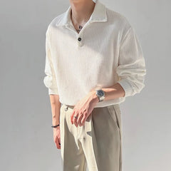 Threebooy New Trendy Waffle Men Polo Shirt Leisure High Quality Solid Color Long Sleeve T-shirt Korean Fashion Autumn Loose Basic Shirts