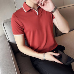 Threebooy Summer New Style Men's Casual Slim Fit Short Sleeve Solid Color POLO Shirt British Slim Lapel Color Blue T-shirt Polo S-4XL