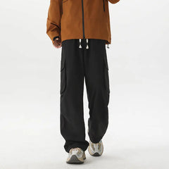 Threebooy Summer Casual Pants Men Retro Pocket Cargo Pants Men Japanese Streetwear Hip-hop Loose Wide Leg Pants Mens Vintage Trousers