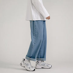 Threebooy Korean Fashion Men's Baggy Jeans Classic All-match Solid Color Straight-leg Denim Wide-leg Pants Male Light Blue Grey Black