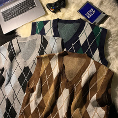Threebooy Spring Autumn Diamond Grid Candle Knitted Vest Men Women Loose Pullover Retro Outer Sleeveless Sweater Vest Aesthetic