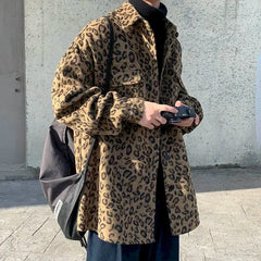 Threebooy Retro leopard print casual jacket men's autumn spring Korean trend handsome elegant temperament high street coat cool streetwear
