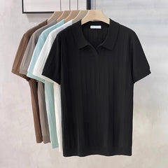 Threebooy New Men's Clothing Luxury Business V Neck Polo Shirt Casual Slim-fit Knitted Solid Color Short Sleeve T-shirt High Quality Tops