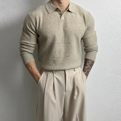 Threebooy New Korean Fashion Men Polo Sweater Light Luxury Knitted Solid Color Long Sleeve Pullover Premium Quality Skin-friendly Knitwear