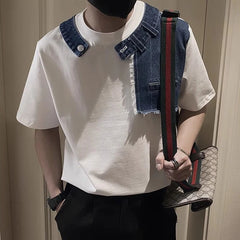 Threebooy Men Trendy Vintage Denim Patchwork Design Tees Summer Short Sleeve Luxury Chic T Shirt Casual Round Neck Loose Tops Ropa Hombre