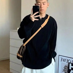 Threebooy Extra Large Pleated Pit Strip T-shirt for Men and Women with Design Sense V-neck Loose Long-sleeved Cityboy Henry Collar T-shirt
