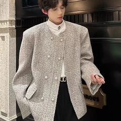 Threebooy Spring Autumn Collarless Shoulder Pad Suit Double-row Jacket Streetwear Versatile Short Handsome High-end Elegant Woolen Jacket