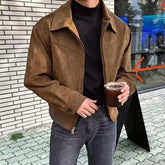 Threebooy Trendy Vintage Versatile Cropped Lapel Jacket Zipper Up Casual Style Niche American Style Jacket For Men Fashionable Spring Autu
