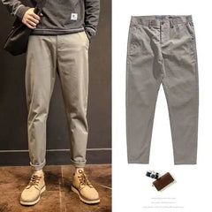 Threebooy Korean Cotton Casual Pants Men Spring Summer Cropped Pants Straight Leg Pants Business Men's Elegant Simple Trousers