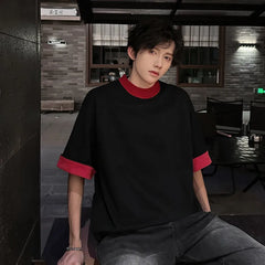Threebooy Men Loose Fit Round Neck Contrast Collar Tshirt Trendy Streetwear Casual Comfort Top Unique Style Summer Fashion Daily Wear