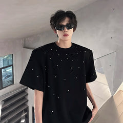 Threebooy Metal Pearl Embellished Men Round Neck Cotton Tshirt man Breathable Comfort Casual Trendy Tee Top Fashion Loose Fit Plain