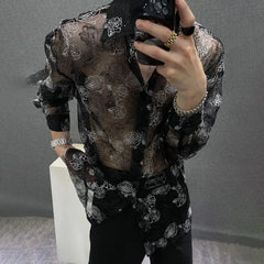 Threebooy Mens Shirt Mesh Flower Semi Transparent Sunscreen Jacket Summer Casual Versatile Breathable Personality Top Men's Clothing
