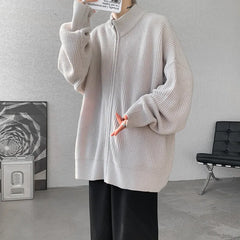 Threebooy Spring Cardigan Coat Mens Knitted Sweater Stand Collar Loose Fit Big Tall Plus Size Solid Color Casual Outwear Fashion