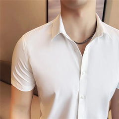 Threebooy Bamboo Fiber Seamless Shirt for Men's Business Casual Short Sleeved Shirts Solid Color Versatile Daily Social Formal Shirt