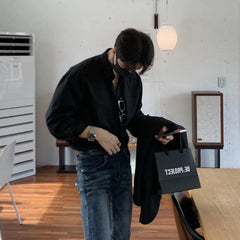 Threebooy Autumn Clothing Men's Light Luxury Korean Popular Shirt Leisure Long Sleeve Button-down Premium Solid Color Business Basic Shirt