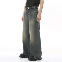 Threebooy Men's Vintage Jeans Fashion Washed Street Casual Wide Leg Denim Pants Summer Distressed Loose Male Versatile Trousers